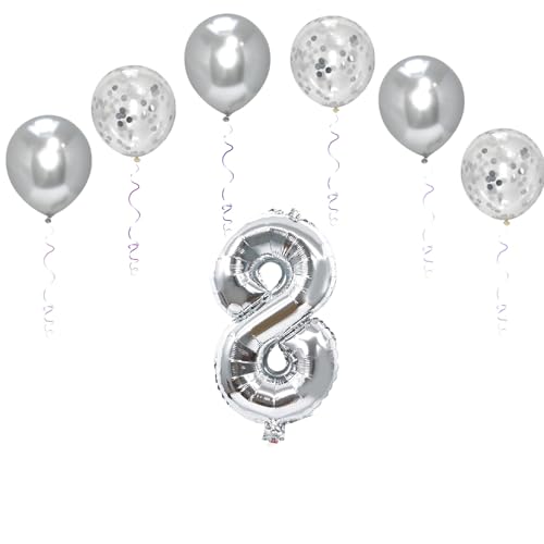 Folienballons mit Zahlen, 101,6 cm, mit 6 Chrom- und 6 Konfetti-Heliumballons für Kinder und Erwachsene, Party, romantische Anlässe, Jubiläumsdekorationsset (Silber, Zahl 8) von GODFATHER LTD PARTY EVERY DAY