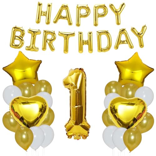 Godfather 40,6 cm Happy Birthday Set Stern Herz und Zahl Folienballons 12 Zoll Einfarbig Ballons für Partydekorationen Feiern Überraschungsveranstaltungen (Gold, Nummer 1) von GODFATHER LTD PARTY EVERY DAY