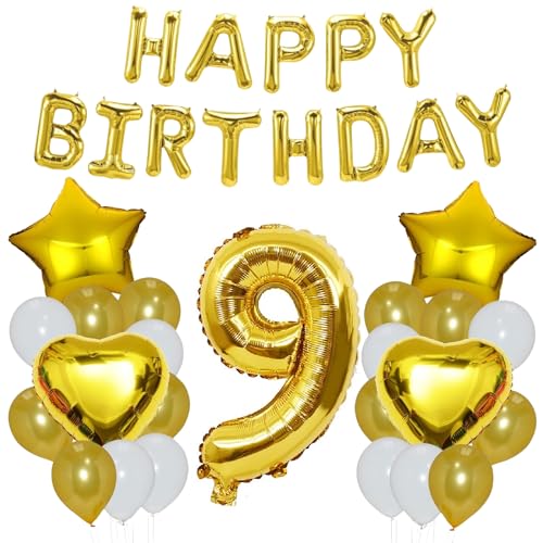 Godfather 40,6 cm Happy Birthday Set Stern Herz und Zahl Folienballons 12 Zoll Einfarbig Ballons für Partydekorationen Feiern Überraschungsveranstaltungen (Gold, Nummer 9) von GODFATHER LTD PARTY EVERY DAY