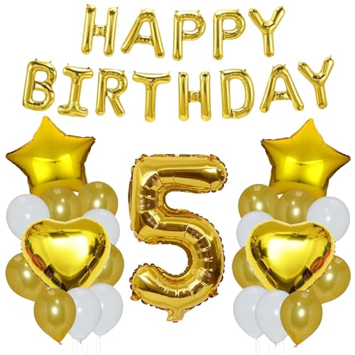 Godfather 40,6 cm Happy Birthday Set Stern Herz und Zahl Folienballons 12 Zoll Einfarbig Ballons für Partydekorationen Feiern Überraschungsveranstaltungen (Gold, Nummer5) von GODFATHER LTD PARTY EVERY DAY