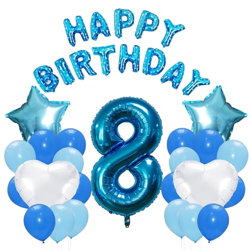 Godfather 40,6 cm Happy Birthday Set Stern Herz und Zahl Folienballons 30,5 cm einfarbige Ballons für Partydekorationen Feiern Überraschungsveranstaltungen (Blau, Nummer 8) von GODFATHER LTD PARTY EVERY DAY