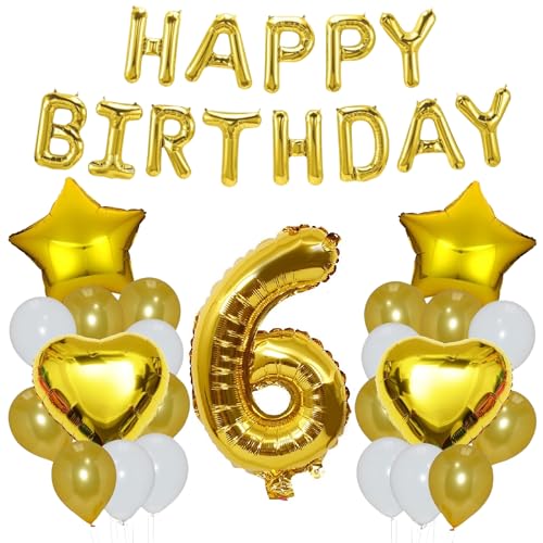 Godfather 40,6 cm Happy Birthday Set Stern Herz und Zahl Folienballons 30,5 cm einfarbige Ballons für Partydekorationen Feiern Überraschungsveranstaltungen (Gold, Nummer 6) von GODFATHER LTD PARTY EVERY DAY