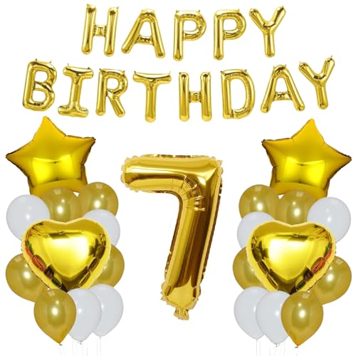 Godfather 40,6 cm Happy Birthday Set Stern Herz und Zahl Folienballons 30,5 cm einfarbige Ballons für Partydekorationen Feiern Überraschungsveranstaltungen (Gold, Nummer 7) von GODFATHER LTD PARTY EVERY DAY