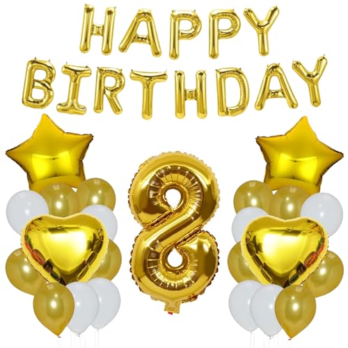 Godfather 40,6 cm Happy Birthday Set Stern Herz und Zahl Folienballons 30,5 cm einfarbige Ballons für Partydekorationen Feiern Überraschungsveranstaltungen (Gold, Nummer 8) von GODFATHER LTD PARTY EVERY DAY
