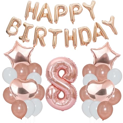 Godfather 40,6 cm Happy Birthday Set Stern Herz und Zahl Folienballons 30,5 cm einfarbige Ballons für Partydekorationen Feiern Überraschungsveranstaltungen (Roségold, Nummer 8) von GODFATHER LTD PARTY EVERY DAY