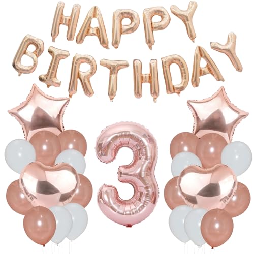 Godfather 40,6 cm Happy Birthday Set Stern Herz und Zahl Folienballons 30,5 cm einfarbige Luftballons für Partydekorationen Feiern Überraschungsveranstaltungen (Roségold, Nummer 3) von GODFATHER LTD PARTY EVERY DAY