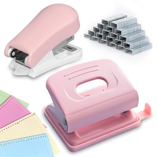 GOEDCH Locher Tacker Set: 2-Loch Locher aus Metall, Heftgerät mit 1000 Heftklammern und Locher Set, Papierkarten Foto Bindungs Locher Maschine für A3 A4 A5 A6 B3 B4, Büro, Arbeitszimmer, Zuhause(Rosa) von GOEDCH