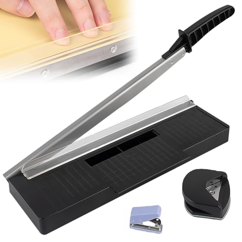 GOEDCH Papierschneider: A4 Hebelschneider, Manuell Schneidemaschine mit R4 Eckenrunder, Schneidegerät für 8 Blatt Schneidleistung, Schwarz Papierschneider aus Metall für Büro, Hobby, Basteln von GOEDCH