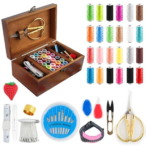 GOEDCH Vintage Holz Nähkasten mit Komplettem Nähzubehör: Tragbare Nähset Grundausstattung, Premium Nähanzugbox, DIY Hobby Organizer für Kleidung, Reise und Notfall (21.4 x 13.5 x 8.9 cm) von GOEDCH