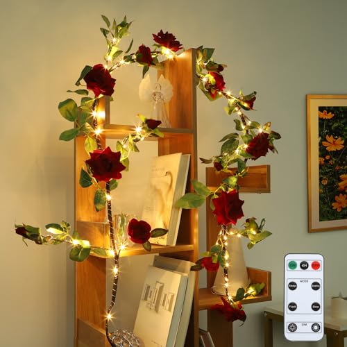 GOESWELL Artificial Rose Vine Luminous DIY Willow Vine Home Decoration,Brown Willow Vine Wall Decor Lights Floral Ivy Indoor and outdoor decoration for weddings and parties Red Rose von GOESWELL