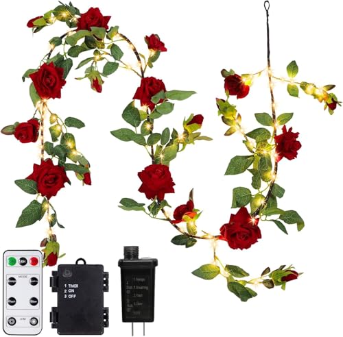 GOESWELL Artificial Rose Vine Luminous DIY Willow Vine Home Decoration,Brown Willow Vine Wall Decor Lights Floral Ivy Indoor and Outdoor Decoration for Weddings and Parties Red Rose von GOESWELL