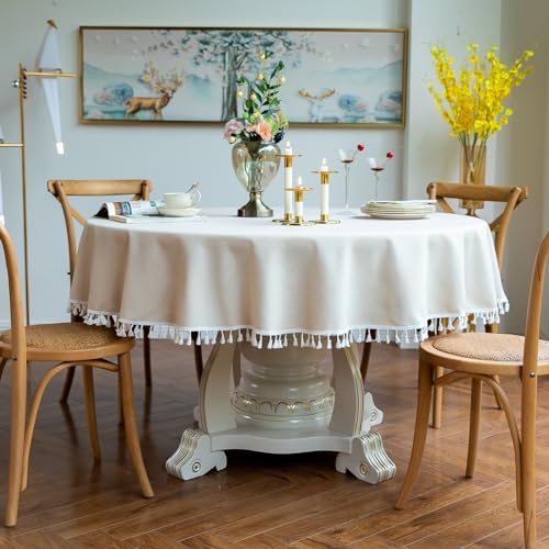 GOEXCPL Runde Tischdecke aus Baumwolle und Leinen mit Fransen, Beige Durchmesser 140 cm, Geeignet für runde Tische von 80-100 cm Durchmesser GOEXCPL Runde Tischdecke aus Baumwolle und Leinen mit Fransen, Beige Durchmesser 140 cm, Geeignet für runde Tische von 80-100 cm Durchmesser von GOEXCPL