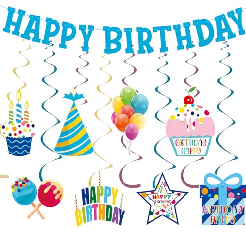 Vorbespannte blaue Geburtstagsdekorationen für Jungen – 9 Stück Happy Birthday Banner hängende Wirbel Dekorationen Zubehör Prost für Jungen Geburtstagsparty Vorbespannte blaue Geburtstagsdekorationen für Jungen – 9 Stück Happy Birthday Banner hängende Wirbel Dekorationen Zubehör Prost für Jungen Geburtstagsparty von GOGOBAY