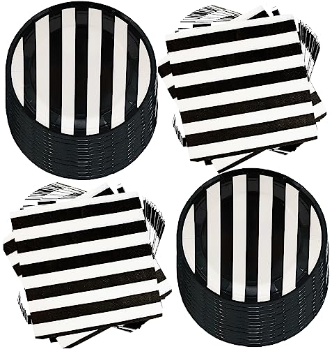 80-teiliges schwarz-weiß gestreiftes Partyzubehör, schwarz-weiß, Party-Set, 17.8 cm, schwarz-weiß gestreifte Teller, Geburtstagsdekoration, für 40 Personen von GOGUOGOFA