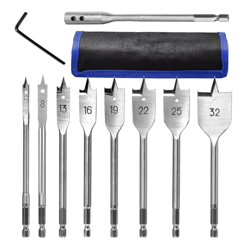 9-Teilig Flachfräsbohrer Set, 6-32mm Spatenbohrer-Set Holz, Kohlenstoffstahl Flachholzbohrer Set mit Schraubenschlüssel und Zusatzhebel, für Holzbearbeitung 9-Teilig Flachfräsbohrer Set, 6-32mm Spatenbohrer-Set Holz, Kohlenstoffstahl Flachholzbohrer Set mit Schraubenschlüssel und Zusatzhebel, für Holzbearbeitung von GOIEHIR