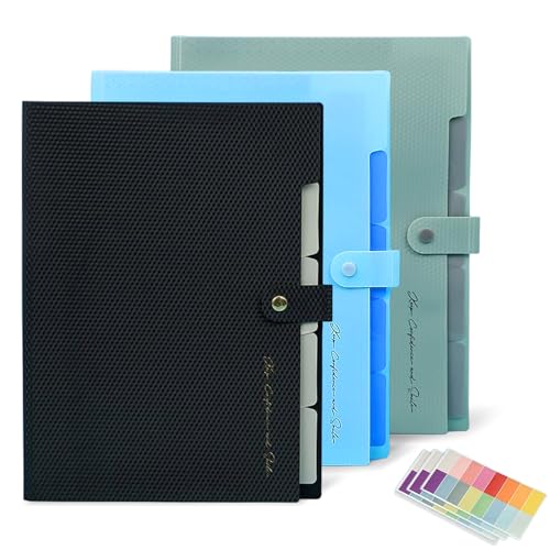 Fächermappe A4, 3 Stück Dokumentenmappe mit 5 Fächern, Erweiterbare Aktenordner, Akkordeon Mappe, Document Organizer mit Etiketten, Mappe Organizer für Büro Hause Schule (Grau, Schwarz, Blau) von GOIEHIR