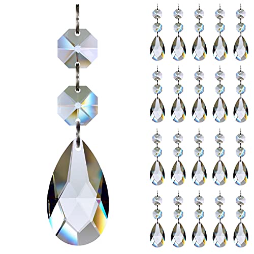 GOLDENHAITAI Kronleuchter-Kristalle, 38 mm, Tropfenform, klare Kristall-Kronleuchter-Prismen, Anhänger, verbundene Glasperlen, achteckige Perlen, hängende Girlande, Dekoration, 20 Stück von GOLDENHAITAI