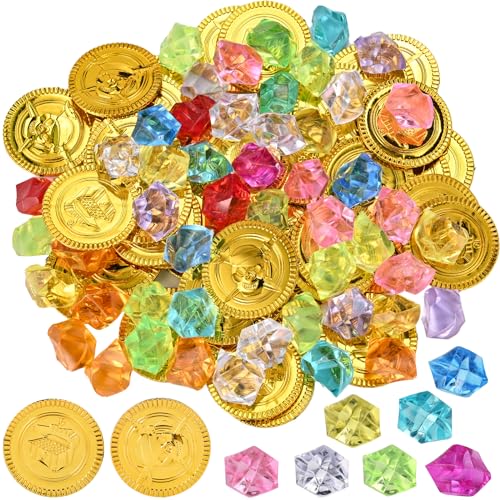 GOLDGE 100 Stück Goldmünzen Piratenschatz Set mit 50 Goldmünzen Kinder und 50 Piraten Edelsteine Perfekt für Piraten Deko Kindergeburtstag, Schatzkiste Kindergeburtstag GOLDGE 100 Stück Goldmünzen Piratenschatz Set mit 50 Goldmünzen Kinder und 50 Piraten Edelsteine Perfekt für Piraten Deko Kindergeburtstag, Schatzkiste Kindergeburtstag von GOLDGE