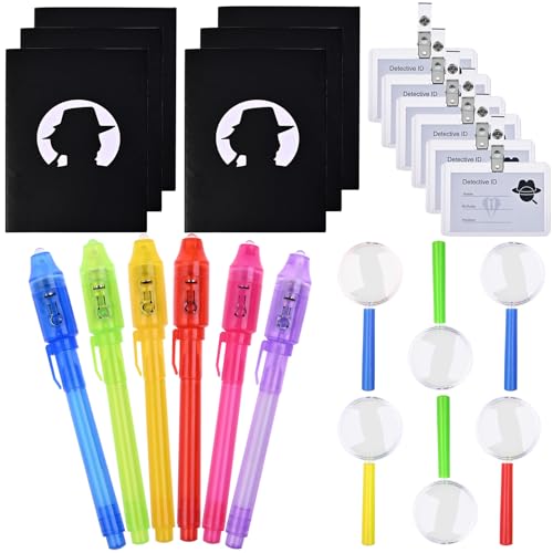 GOLDGE UV Stift Mitgebsel Kindergeburtstag Gastgeschenke Jungen Mädchen, 6 Zauberstifte Kinder UV Licht + 6 Notizbuch + 6 Lupen + 6 Detektivausweise, Stift Unsichtbar von GOLDGE