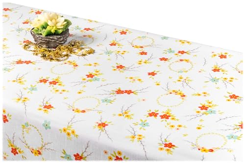 GOLDMAR Klassische Blumen-Tischdecke, Wasserabweisend, Fleckenresistente Schmutzabweisend Blumen - für Partys, Elegante Tisch Deko (100x100 cm, Gelb-Orange-Blumen-w002) von GOLDMAR