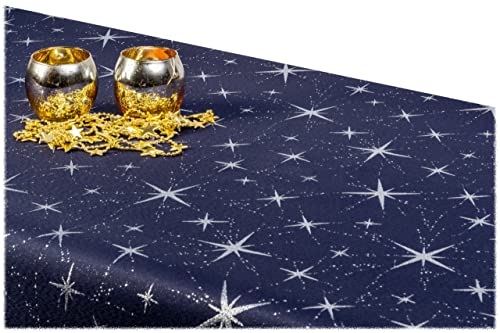 GOLDMAR Weihnachtstischdecke Fleckenresistente Schmutzabweisend Zweiseitig Tischdecke Weihnachten Advent - Polyester Lamatex Elegante Weihnachtstisch Deko (150x450 cm, Dunkelblau-Silber-Muster-01) von GOLDMAR