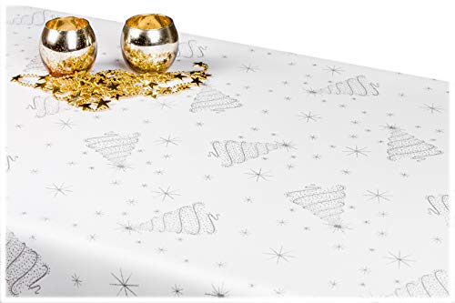 GOLDMAR Weihnachtstischdecke Fleckenresistente Schmutzabweisend Zweiseitig Tischdecke Weihnachten Advent - Polyester Lamatex Silber Gold Elegante Weihnachtstisch Deko (140x200 cm, Silber-Muster-12s) von GOLDMAR