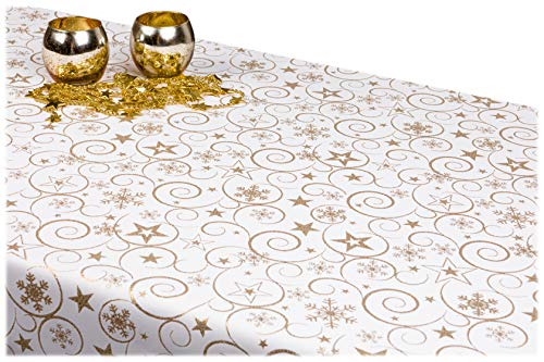 GOLDMAR Weihnachtstischdecke Fleckenresistente Schmutzabweisend Zweiseitig Tischdecke Weihnachten Advent - Polyester Lamatex Silber Gold Elegante Weihnachtstisch Deko (Rund 150 cm, Gold-Muster-11s) von GOLDMAR