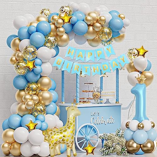 1 Geburtstag Deko Mädchen Junge, Erster Blau und Gold 1. Geburtstagsdeko, 1 Jahre Ballon Luftballon Girlande, mit Happy Birthday Girlande für Kinder Mädchen Junge Geburtstag Party Deko 1. Babydusche von GOLDNICE