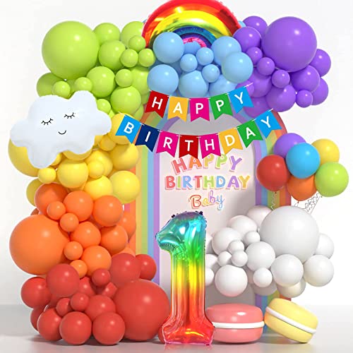 1. Geburtstag Mädchen Junge Deko, 1 Jahr Geburtstagsdeko Luftballons, Regenbogen Ballon Girlande, Happy Birthday Banner für Kinder Erster 1 Kindergeburtstag Rainbow Party Dekoration von GOLDNICE