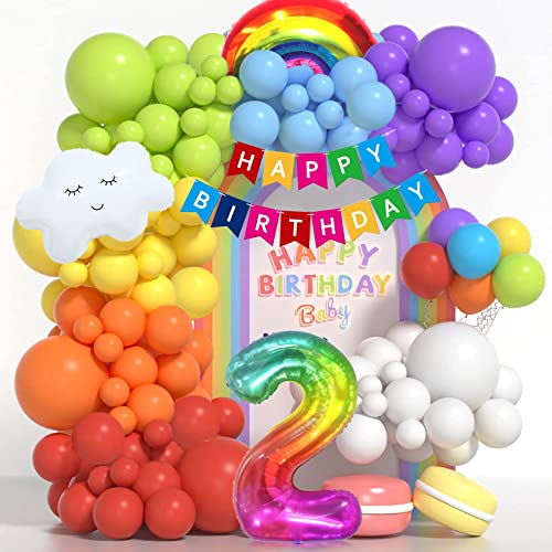 2. Geburtstag Mädchen Junge Deko, 2 Jahr Geburtstagsdeko Luftballons, Regenbogen Ballon Girlande, Happy Birthday Banner für Kinder Erster 2 Kindergeburtstag Rainbow Party Dekoration von GOLDNICE