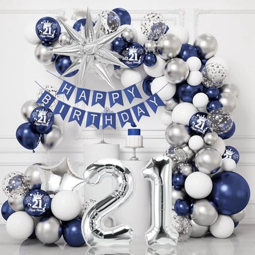 21. Geburtstag Dekorationen Blau Silber Luftballons Bogen Kit mit 21 Zahlen Stern Folienkonfetti Ballon Happy Birthday Banner Marineblau und Silber Party Dekor für 21. Jungen Mädchen Männer Frauen von GOLDNICE