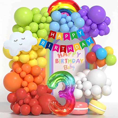 3. Geburtstag Mädchen Junge Deko, 3 Jahr Geburtstagsdeko Luftballons, Regenbogen Ballon Girlande, Happy Birthday Banner für Kinder Erster 3 Kindergeburtstag Rainbow Party Dekoration von GOLDNICE