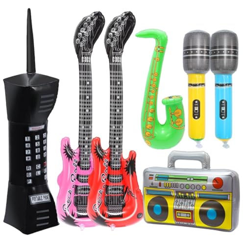 Aufblasbare Rockstar-Party-Requisiten, 9 Stück, aufblasbare Gitarren-Handy-Boombox-Mikrofone, aufblasbare Instrumente für 80er-90er-Jahre-Motto-Party-Dekorationen, von GOLDNICE