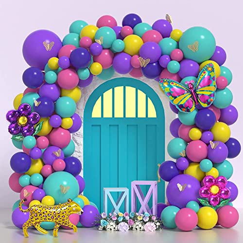 Ballongirlande, Bogen-Set, lila, blau, gelb, rosa, Luftballons, Bogen-Set mit Schmetterling, Blumen, Folienballons, Regenbogen-Thema für Mädchen, Frauen, Geburtstag, Partyzubehör, Dekorationen von GOLDNICE