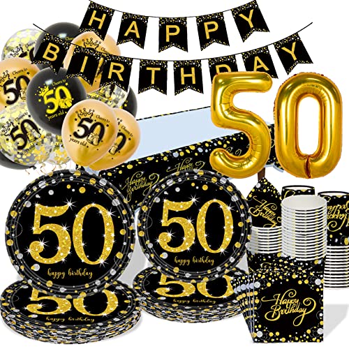 GOLDNICE Deko 50. Geburtstag Partygeschirr Männer Frauen, Schwarz Gold Set mit Pappteller Tischdecke für 50 Geburtstag Party Dekoration Mann von GOLDNICE