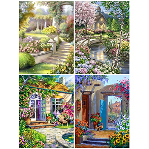 Diamond Painting Bilder Erwachsene Kinders, 5D DIY Diamant Painting Malerei Blumen Landschaft Garten, Daiments Bausätze Diamantmalerei für Home Décor Wand Dekorationen, Set 4er Diamant-Malerei von GOLDNICE