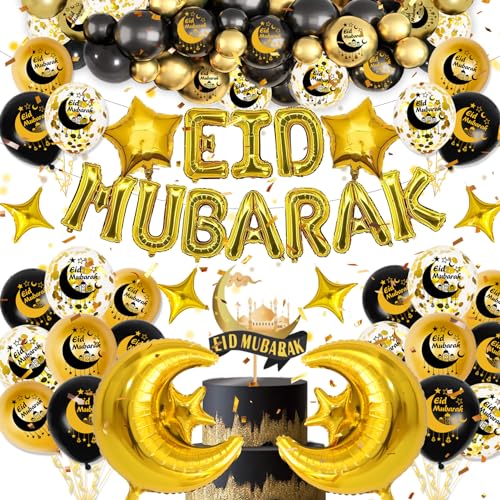 Eid Mubarak Dekoration, Eid Mubarak Girlande Mond Stern Folienballon, Schwarz und Gold EID Party Deko Fotorequisiten, Eid Ramadan Luftballon, Eid Mubarak Cake Topper für Muslim Islamische Party Deko von GOLDNICE