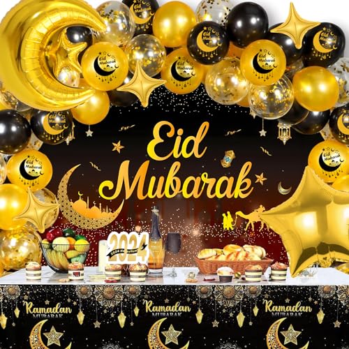 Eid Mubarak Dekoration, Extra Große Eid Banner mit Ballons für Eid Deko, Eid Mubarak Stoff Zeichen Poster Hintergrund Schwarz und Gold Banner für Muslim Islamische Garten Party Eid Dekoration von GOLDNICE