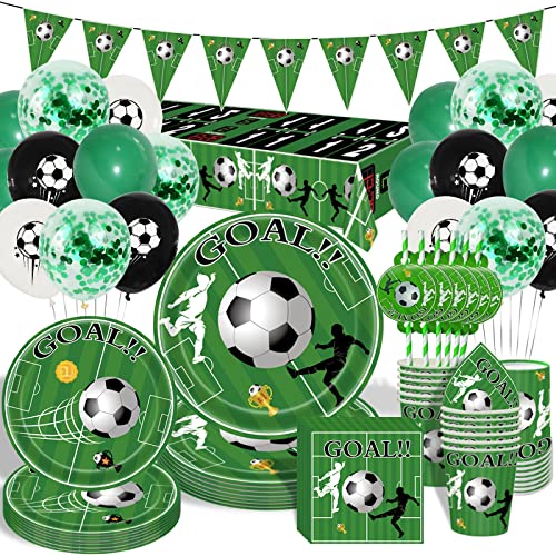 Fussball Party Geburtstag Deko Jungen Mann, Partygeschirr Set, Grün Football Deko, Kindergeburtstag, Pappteller Servietten Tischdecke Strohhalme Pappbecher Ballon Banner Tischdeko für 20 Gäste von GOLDNICE