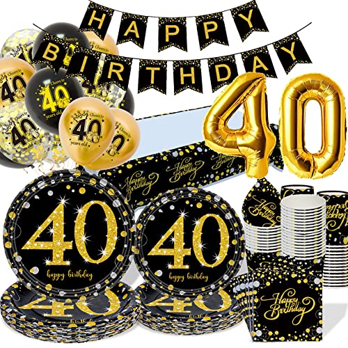 Deko 40. Geburtstag Partygeschirr Männer Frauen, Tischdeko 40 Geburtstag mit Luftballons Servietten, Schwarz Gold Set mit Pappteller Tischdecke für 40 Geburtstag Party Dekoration Mann von GOLDNICE