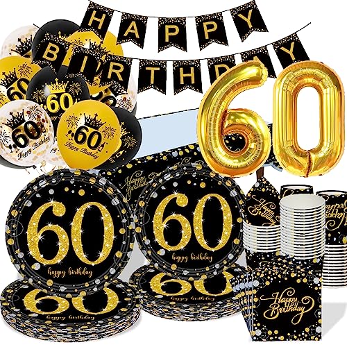 Deko 60. Geburtstag Partygeschirr Männer Frauen, Tischdeko 60 Geburtstag mit Luftballons Servietten, Schwarz Gold Set mit Pappteller Tischdecke für 60 Geburtstag Party Dekoration Mann von GOLDNICE