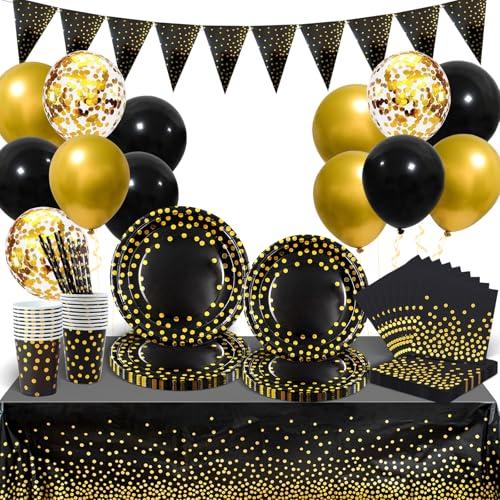 GOLDNICE Partygeschirr Set Schwarz und Gold, 25 Gäste Pappteller Geschirr mit Ballon, Servietten, Papierbecher, Stroh, Tischdecke für Kindergeburtstag Geburtstag Hochzeit Dekoration, 140 Stück GOLDNICE Partygeschirr Set Schwarz und Gold, 25 Gäste Pappteller Geschirr mit Ballon, Servietten, Papierbecher, Stroh, Tischdecke für Kindergeburtstag Geburtstag Hochzeit Dekoration, 140 Stück von GOLDNICE