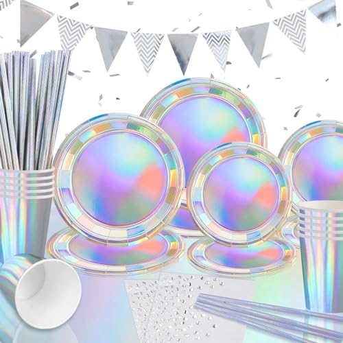 GOLDNICE Geburtstag Partygeschirr Set, 20 Gäste Pappteller und Servietten Tischdecke Papier Party Geschirrset für Irisierende Silber Geburtstag Hochzeit Weihnachten Kindergeburtstag Deko von GOLDNICE