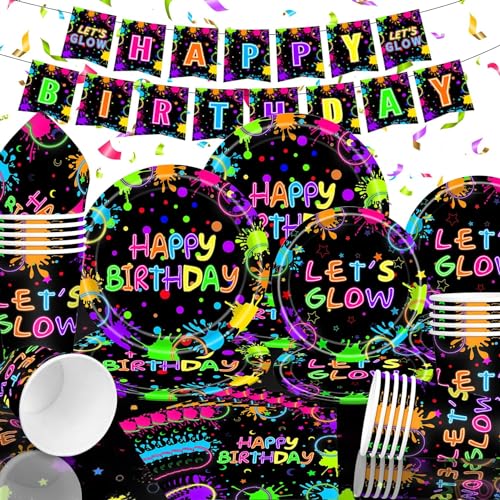 Glow Neon Party Supplies Geschirr-Set, Let's Glow Geburtstagsparty-Dekorationen umfassen Neon-Pappteller und Servietten, Tassen, Tischdecke für Schwarzlicht, Geburtstag, Männer, Frauen, von GOLDNICE