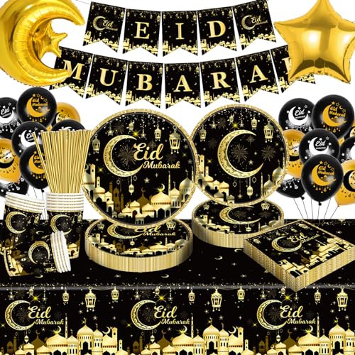 Ramadan Mubarak EID Geschirr Set, Eid Ramadan Mubarak Schwarz und Gold Partygeschirr Pappteller Set enthalten Eid Banner Tassen Tischdecke für Eid Mubarak Party Dekorationen, 20 Gäste von GOLDNICE