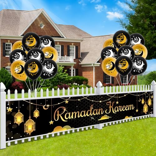 Ramadan Mubarak Party Dekoration Supplies Eid Mubarak Banner Hintergrund Luftballons, Eid Mubarak Schwarz und Gold Latex Stern Folienballons und Eid Hintergrund für Zuhause Muslimische Festival Party von GOLDNICE