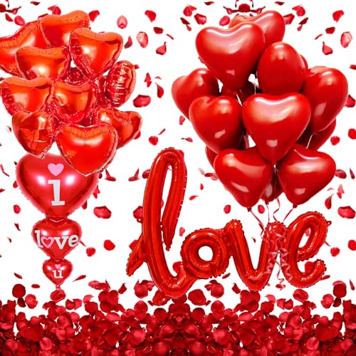 Romantisches "I Love You"-Ballon-Set, 91,4 cm, rote Rosenblätter, 1000 Stück, Herz-Ballon, rote Herzballons für Valentinstagsdekoration, Valentinstagsballons für Valentinstagsdekorationen von GOLDNICE