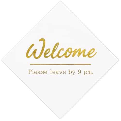 Lustige Cocktail-Servietten mit Aufschrift "Welcome Please Leave by 9PM", 16,5 x 16,5 cm, Junggesellinnenabschied, Bar, goldfarben, 20 Stück Lustige Cocktail-Servietten mit Aufschrift "Welcome Please Leave by 9PM", 16,5 x 16,5 cm, Junggesellinnenabschied, Bar, goldfarben, 20 Stück von GOLEHS