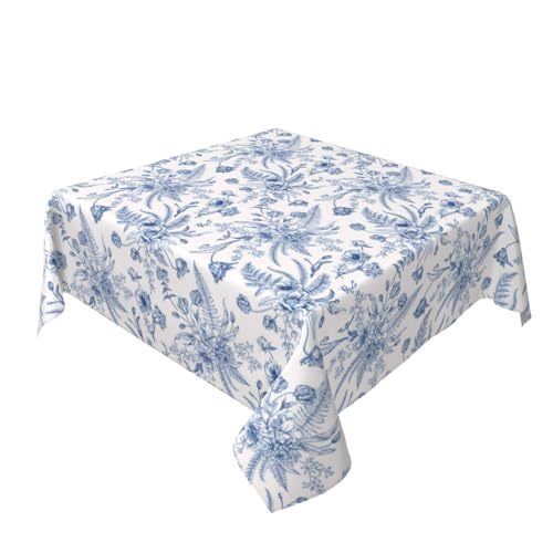 Quadratische Tischdecke mit blauem Blumenmuster, 137,2 x 137,2 cm, Chinoiserie-Blumen-Design, Polyester, schmutzabweisend, Dekoration, Tischdecke für Party, Picknick, Küche, Dekoration, Outdoor von GOLIANDA