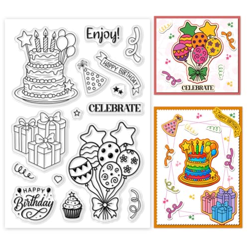 GOMAKERER 1 Bogen Happy Birthday Elements Clear Stamp, Birthday Balloon Cake Clear Stamps Transparent Silicone Stamps Seal for DIY Scrapbooking Card Making Decoration 6.3x4.3 Inches von GOMAKERER